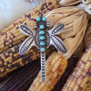 Great Vintage Native American Turquoise & Sterling Dragonfly Pin/Pendant 🩵🎁🩶